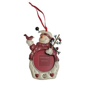 St. Nicholas Square Snowman Ornament Picture Frame Red White Glitter Metal 4"